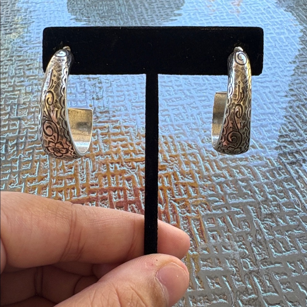Brighton Silver-Tone Floral Engraved Hoop Earrings